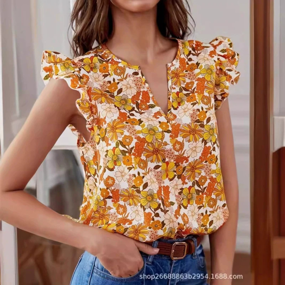 ZARA Chic Loose Floral Ruffle Sleeve Blouse for Office